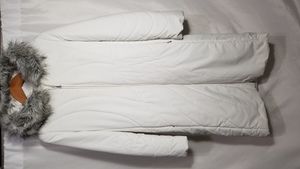 White 3/4 length puffy winter coat with hoodie